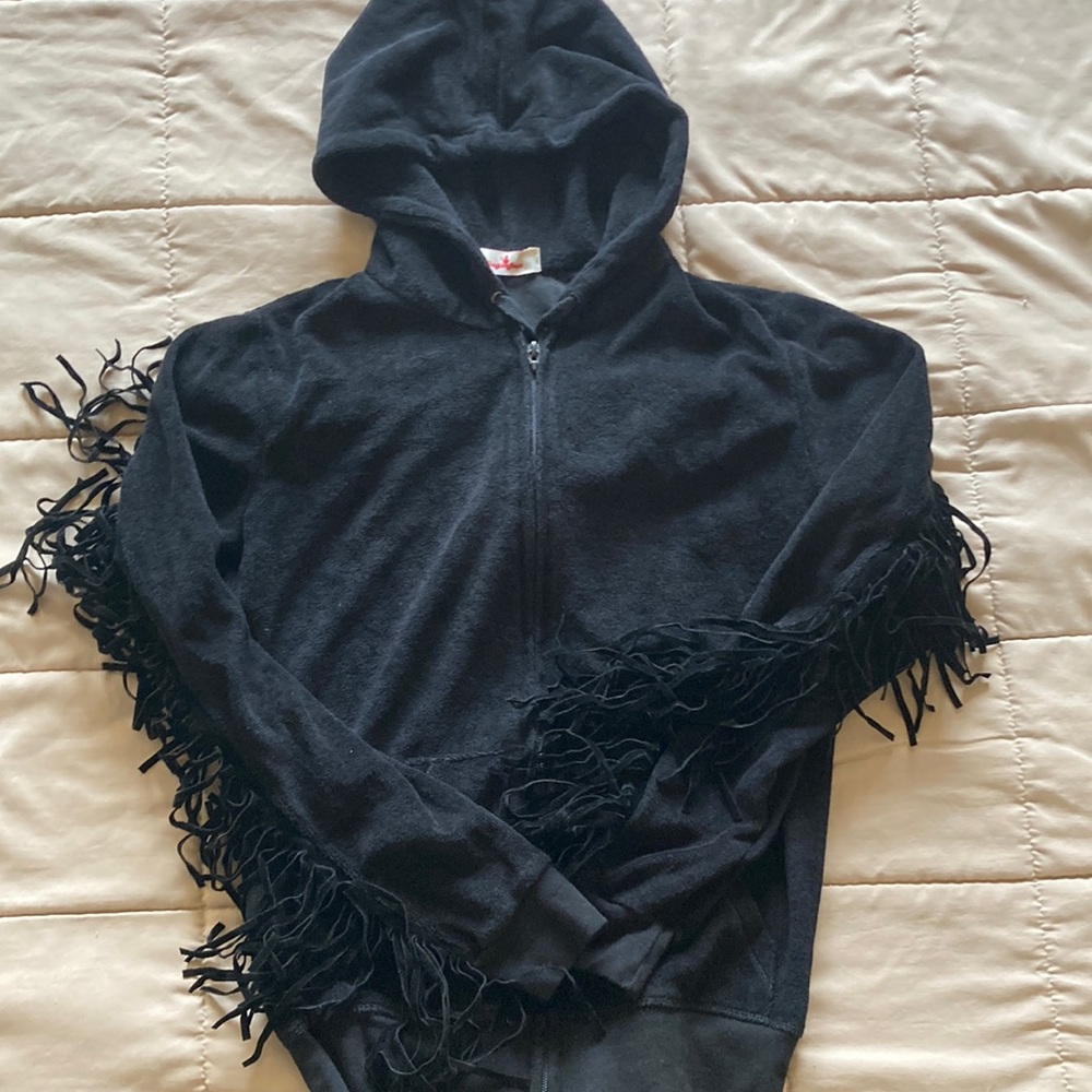 New Sugarfree hoodie black with velvet fringes and front pockets. Very soft.